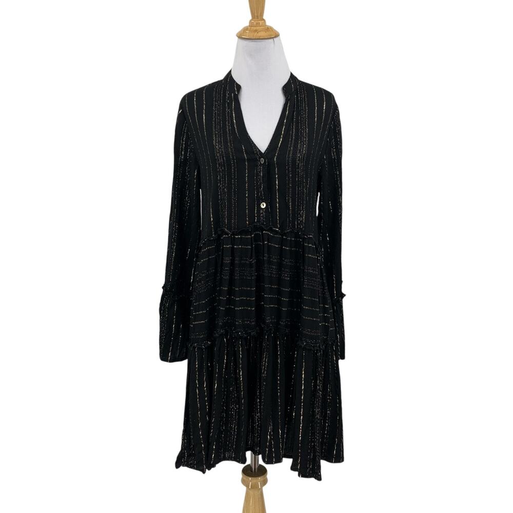 Dia Dress Womens M Medium Black Gold Lurex Metallic Tiered Long Sleeve Tiered